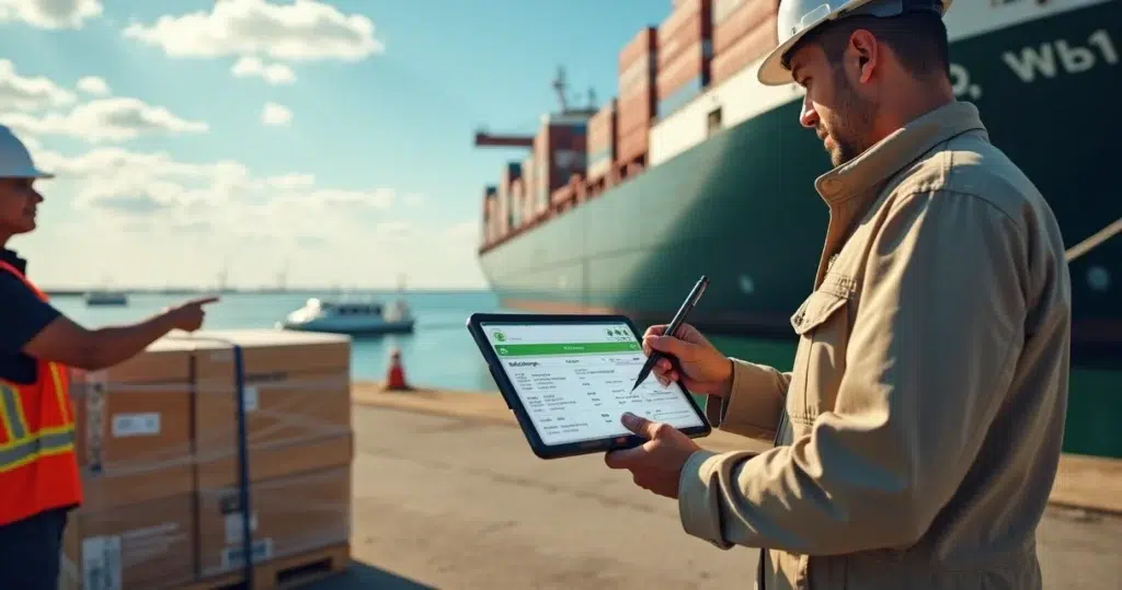 Crew member signing digital proof of delivery on tablet beside ship stores pallet