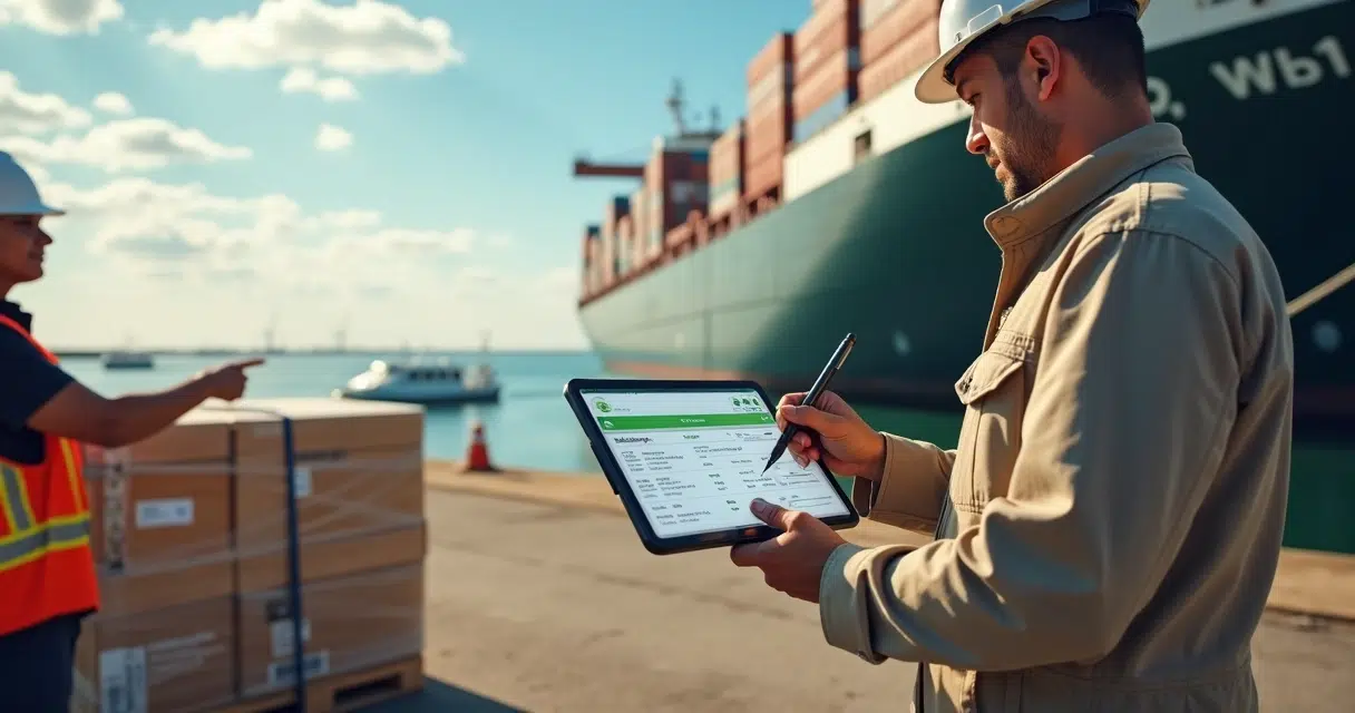 Crew member signing digital proof of delivery on tablet beside ship stores pallet