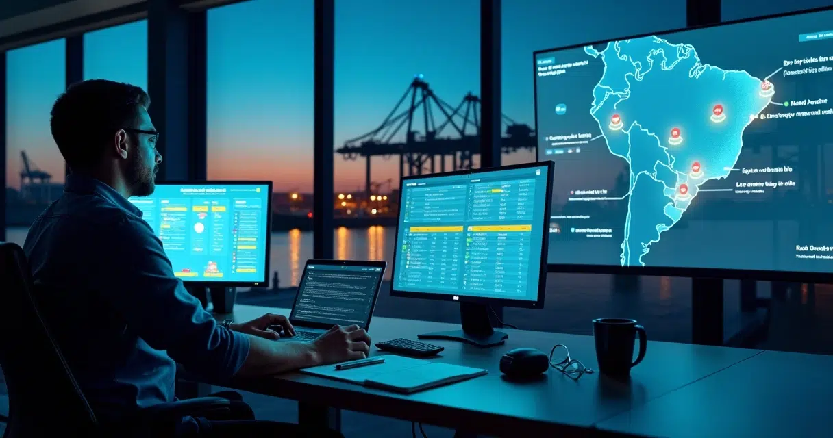 Logistics manager in port control room reviewing emergency ship inventory on large digital screen