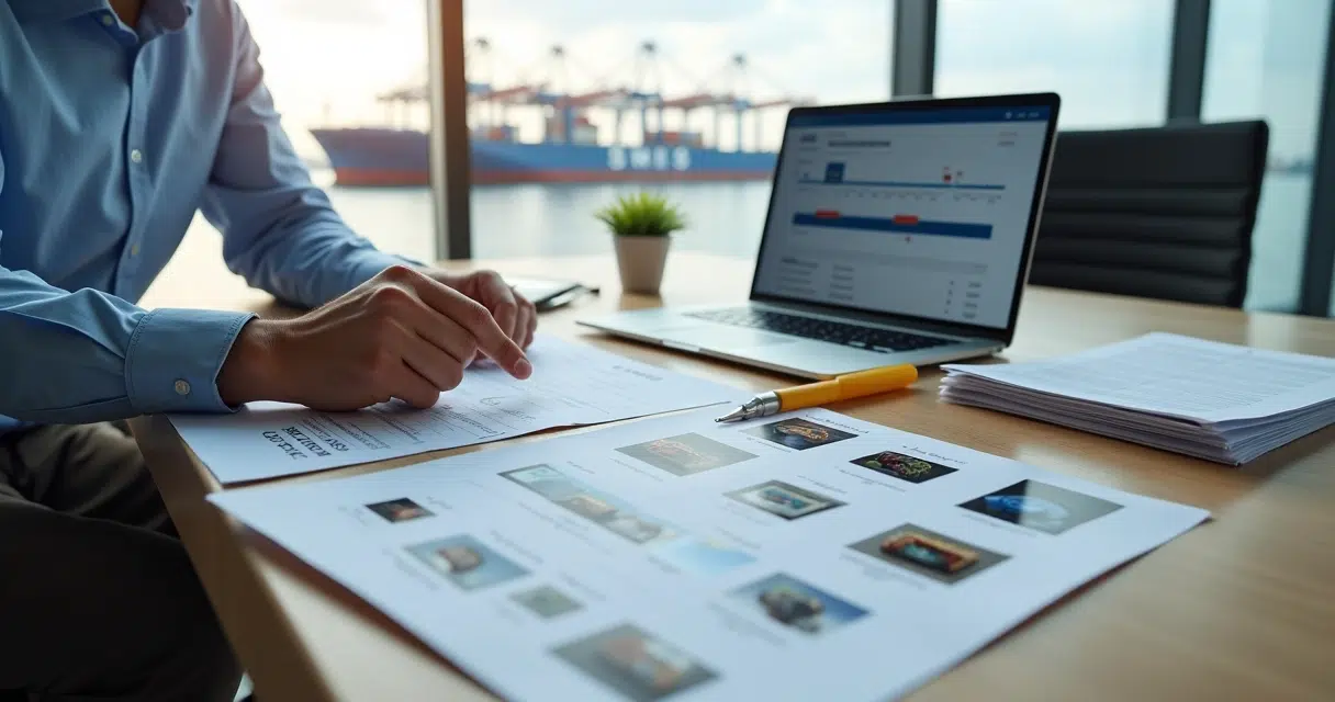 Maritime claims specialist reviewing ship supply return documents and photos at organized office desk