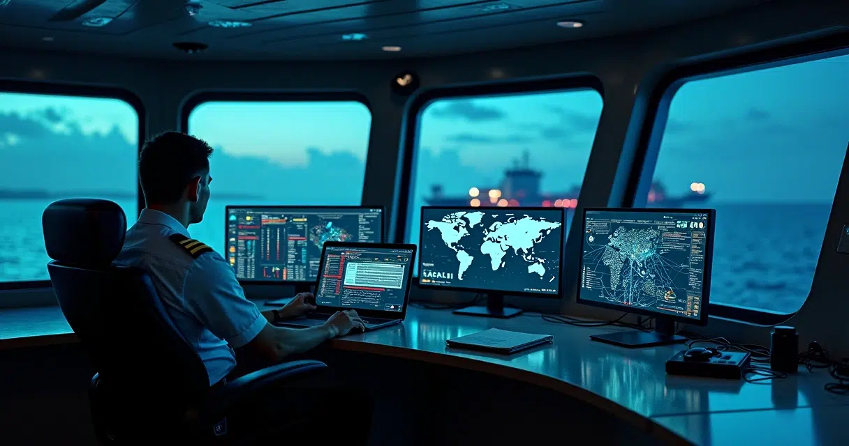 Officer on ship bridge monitoring cybersecurity alerts on multiple screens