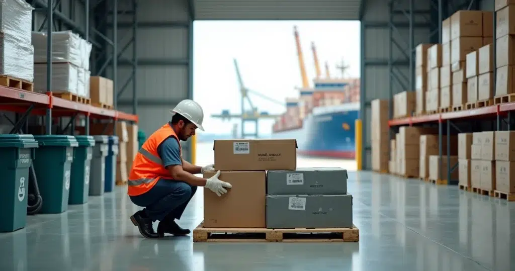 Warehouse worker arranging standardized reusable boxes for ship supply