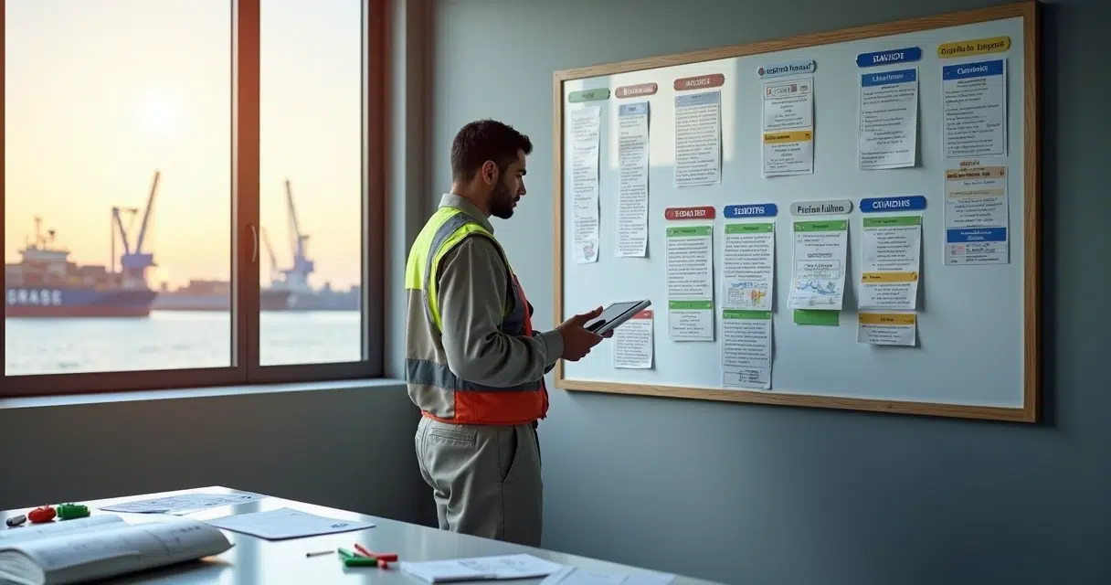 Crew officer updating critical items catalog board for different vessel types