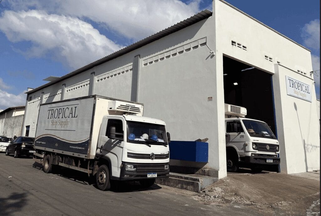 Tropical Ship Supply warehouse in Sao Luis with refrigerated trucks at the door