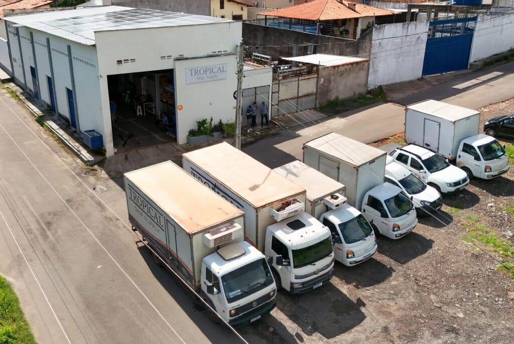 Aerial view of the Tropical Ship Supply warehouse and its refrigerated truck fleet in Sao Luis