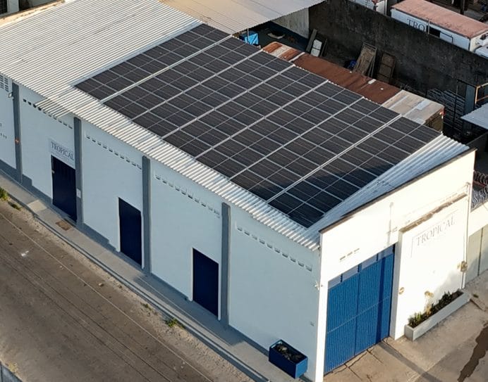 Solar panels on the roof of the Tropical Ship Supply warehouse, seen from the air